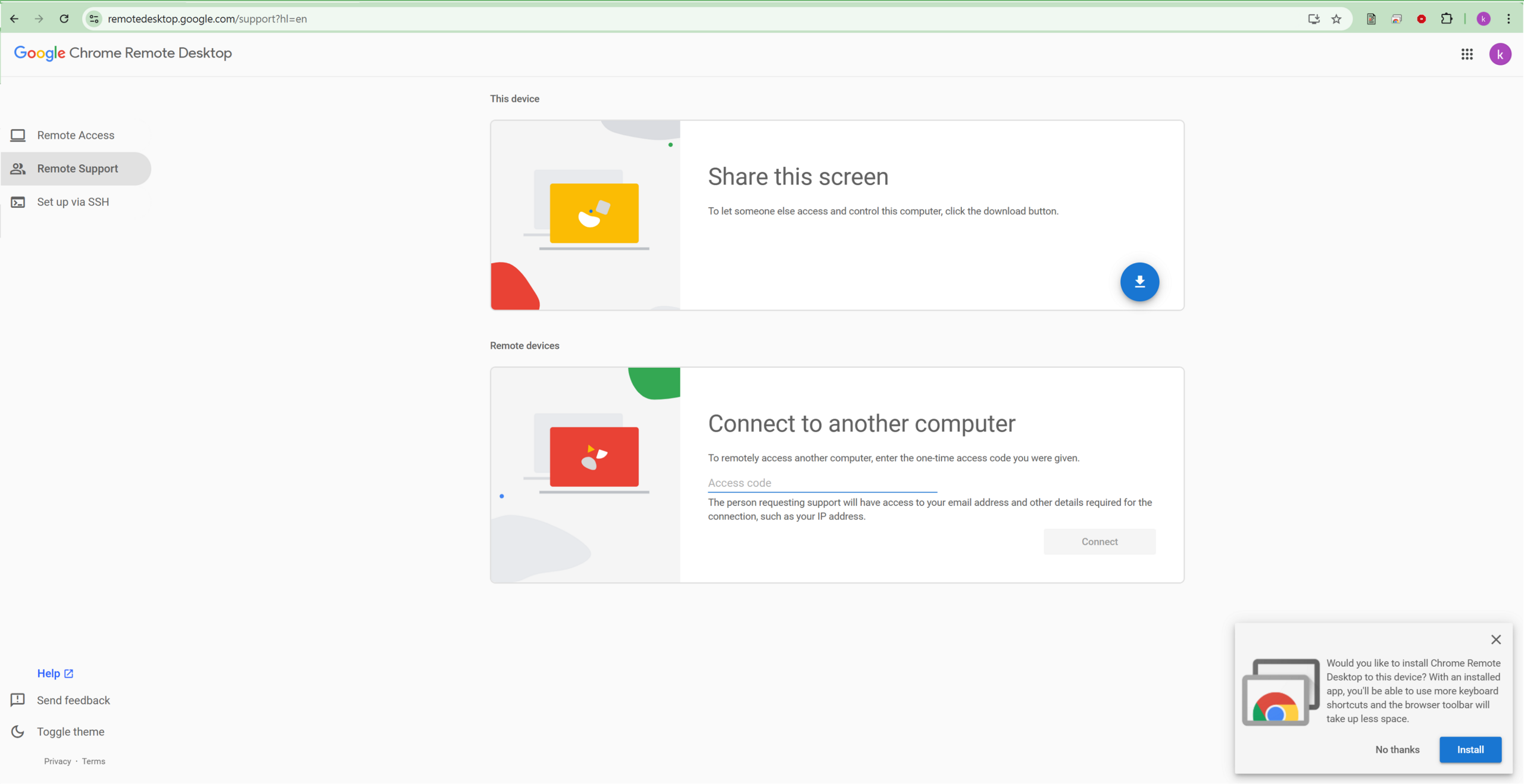 Screenshot 2 (optional): The PWA install dialog asking 'Install Chrome Remote Desktop?' with two buttons: 'No thanks' and 'Install'. The 'No thanks' button is the one to click for one-off support sessions.