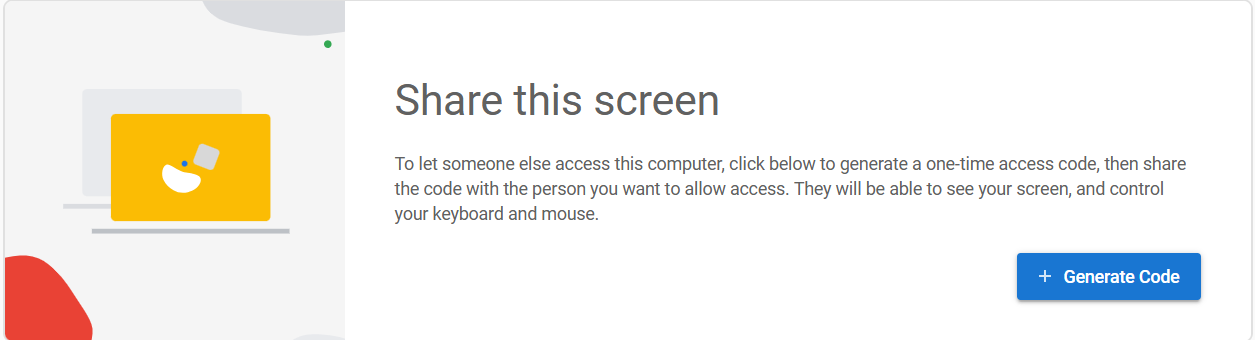 Screenshot 4: The 'Share this screen' subsection under 'This device'. Shows the explanatory text 'To allow someone else to access this computer, click the button below to generate a one-time access code, and provide it to the user you want to give access to. That user will be able to view your screen and control your keyboard and mouse.' Below the text, the prominent blue '+ Generate access code' button.