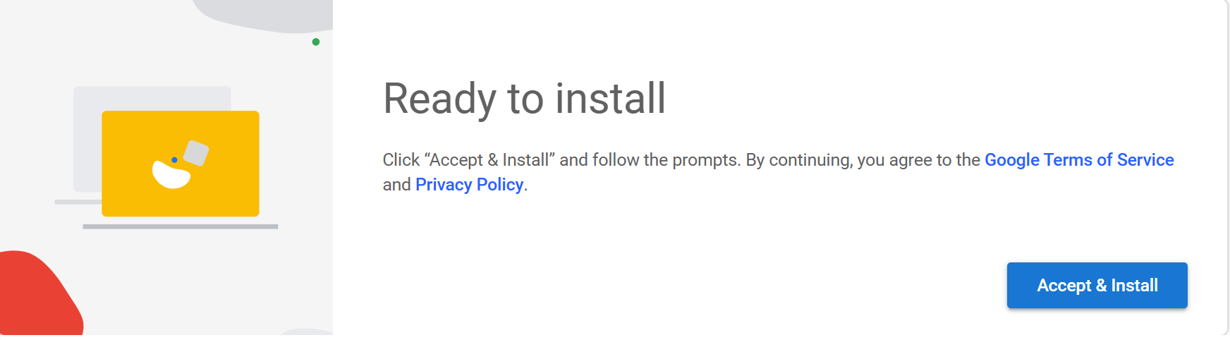 Screenshot 5 (first-time only): The 'Set up remote access' block showing instruction text 'First, click the download button.' and a 'Download Chrome Remote Desktop' button. After download completes, this same area shows an 'Accept and install' button.