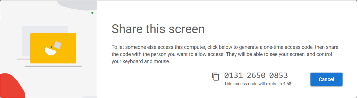 Screenshot 6: The 12-digit access code displayed prominently after clicking 'Generate access code'. Shown formatted in groups of 3 or 4 digits, with a timer counting down from 5:00 below it, and a small copy-to-clipboard icon next to the code.
