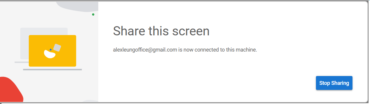 Screenshot 8: The floating 'Stop sharing' bar that appears at the bottom-centre of the screen during an active remote support session. Usually shows the helper's identity or the words 'Your screen is being shared' on the left, with a 'Stop sharing' button on the right.
